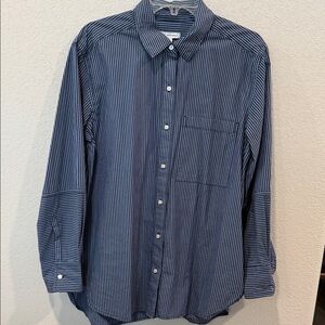 Women’s Navy and White Striped Cotton Button-Down Shirt